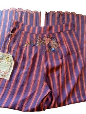 NWT Aratta Womens Striped Sequin Embroidered Wide-Leg Pants With Scalloped Hem S